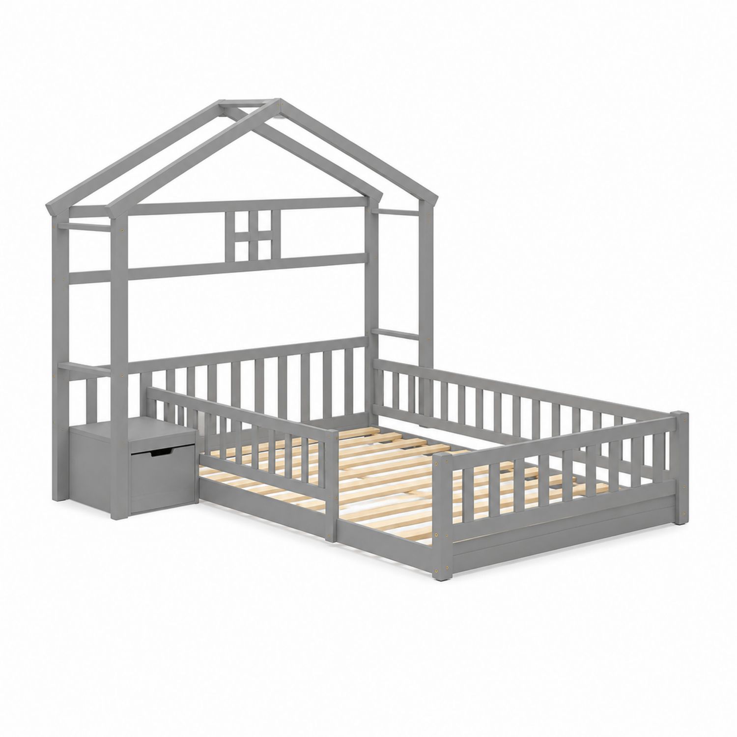 Letto a Forma di Casa in Legno di Pino Grigio con Cassetto