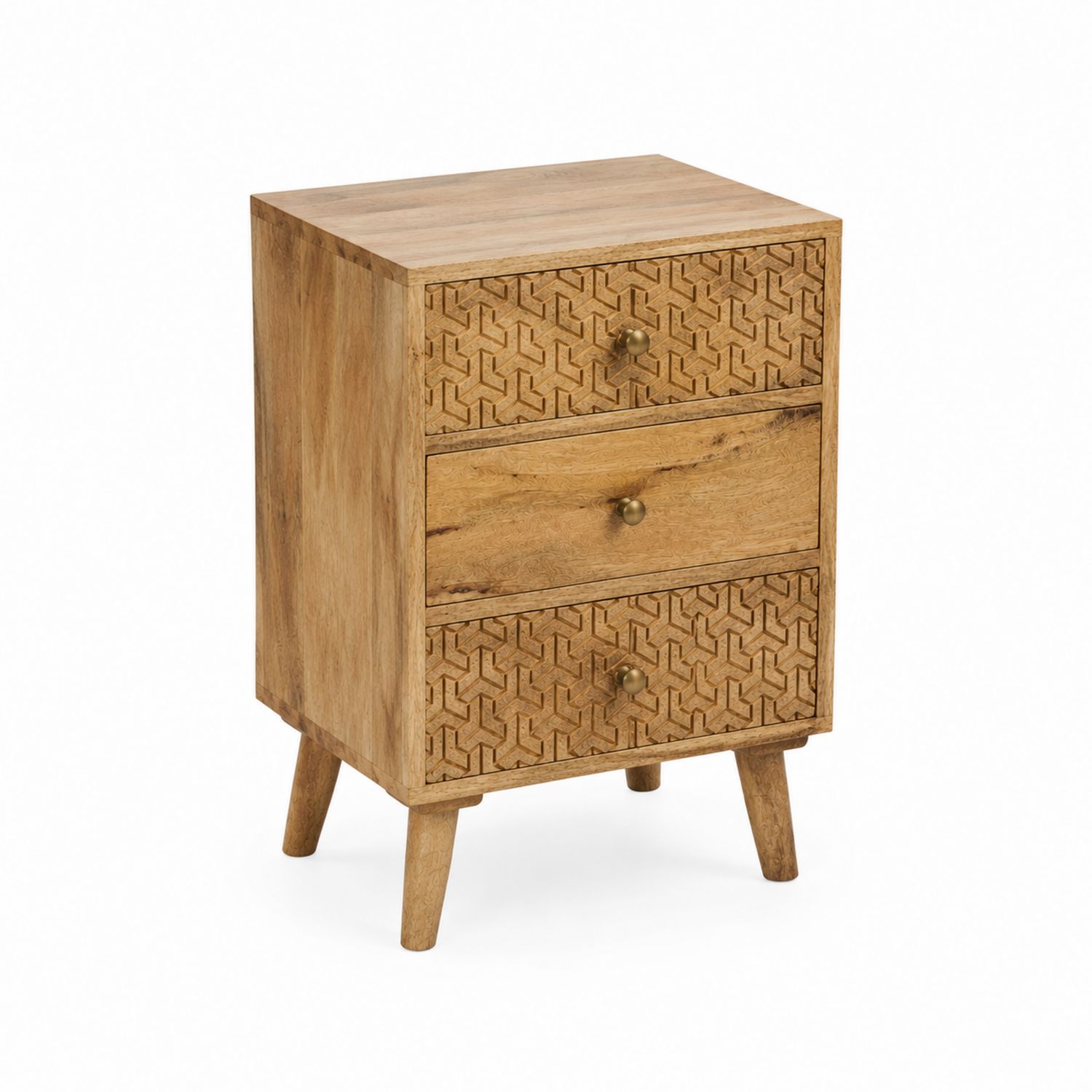 Comodino in legno di mango naturale con cassetti incisi
