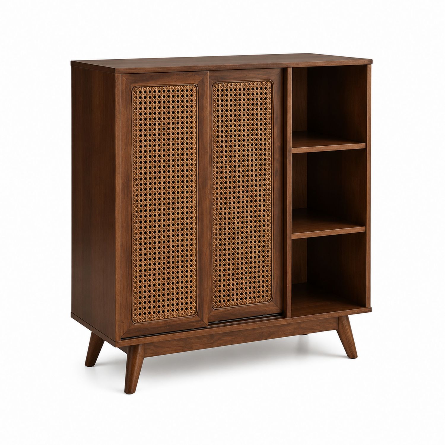 Credenza in legno di noce con ante in rattan