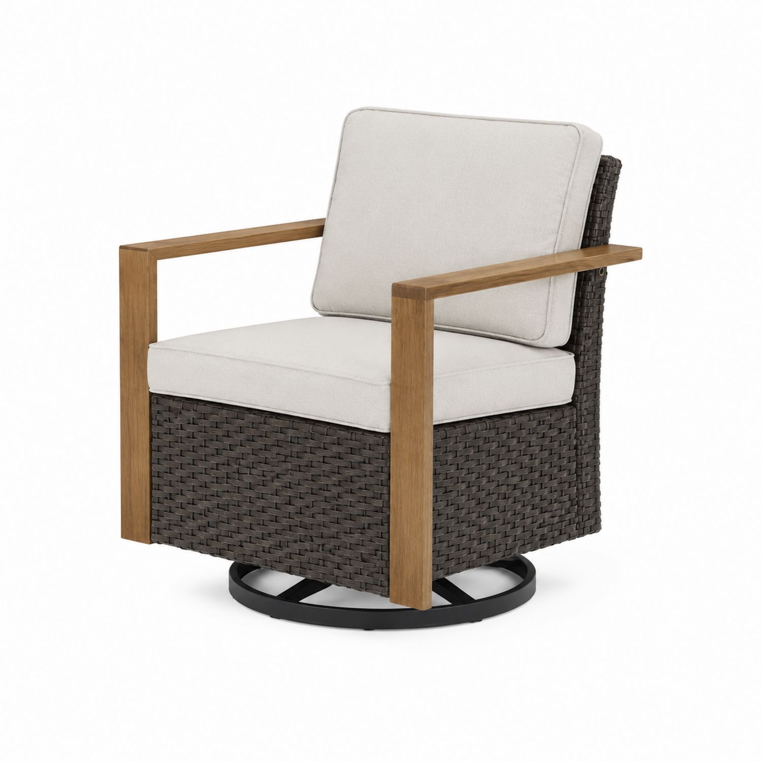 Poltrona da esterno in rattan con braccioli in legno e base girevole, cuscini in poliestere beige
