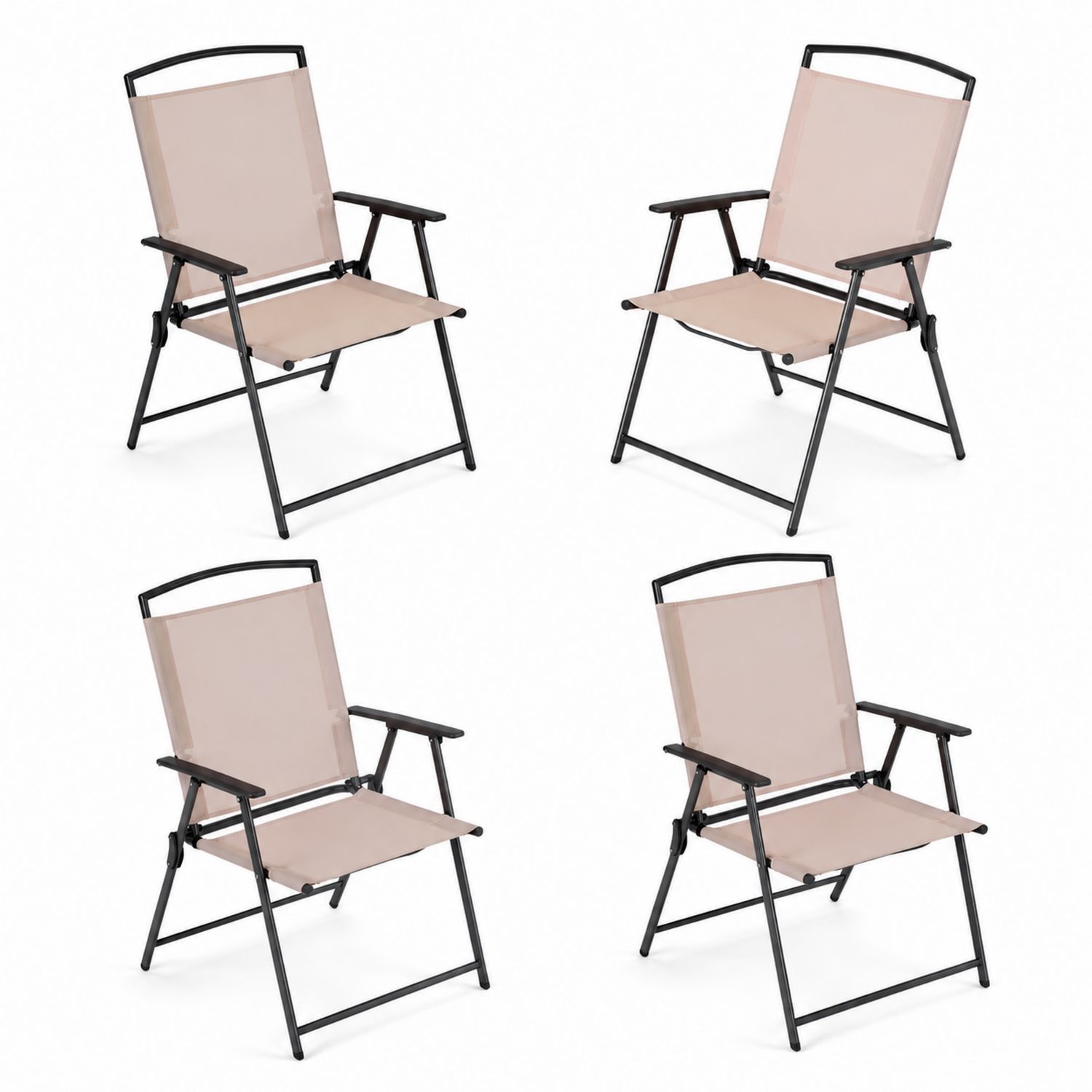 Set di 4 Sedie Pieghevoli in Metallo e Tessuto Textilene Beige