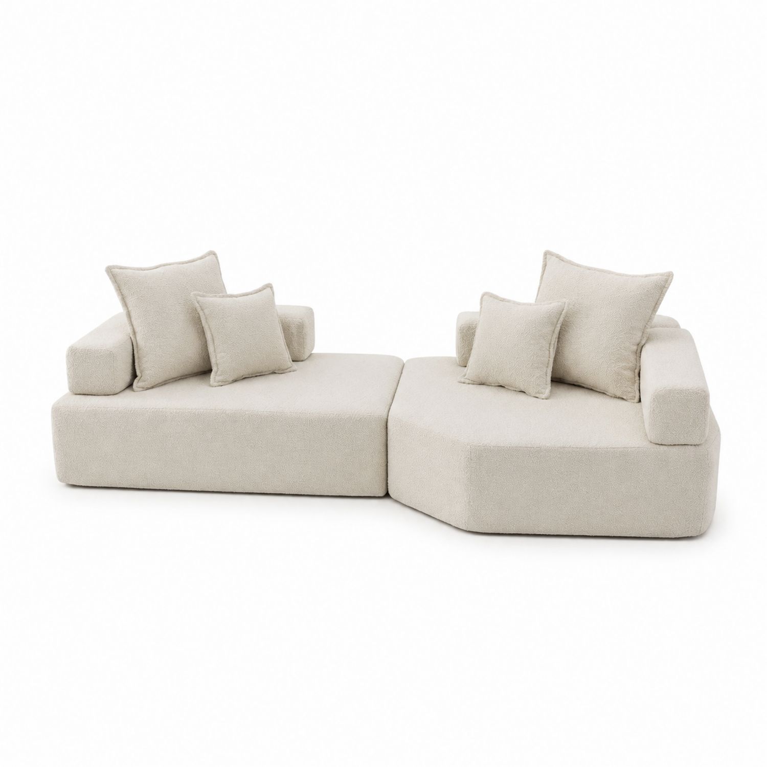 Divano modulare angolare in tessuto Bouclé Beige con cuscini, 260 cm x 150 cm