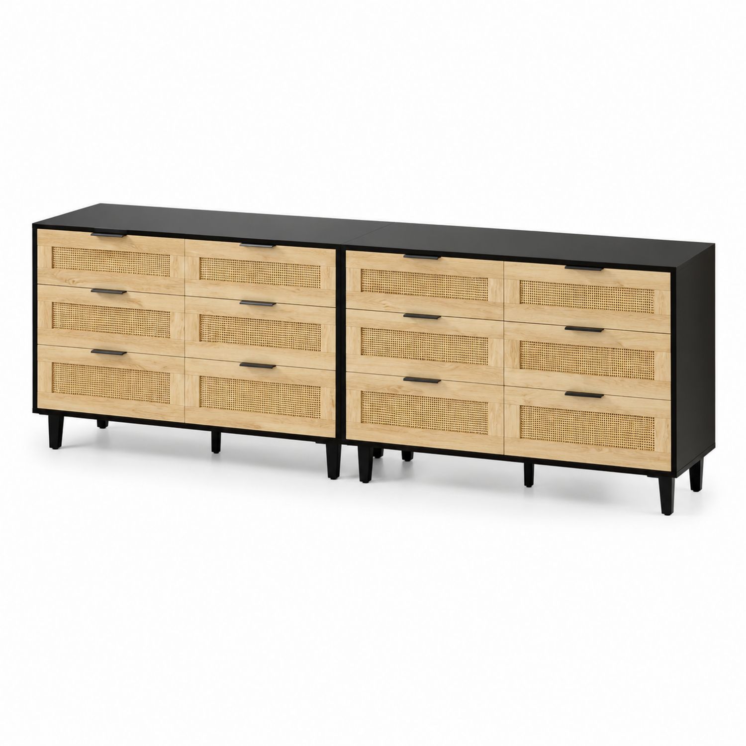 Cassettiera doppia in legno e rattan intrecciato 12 cassetti
