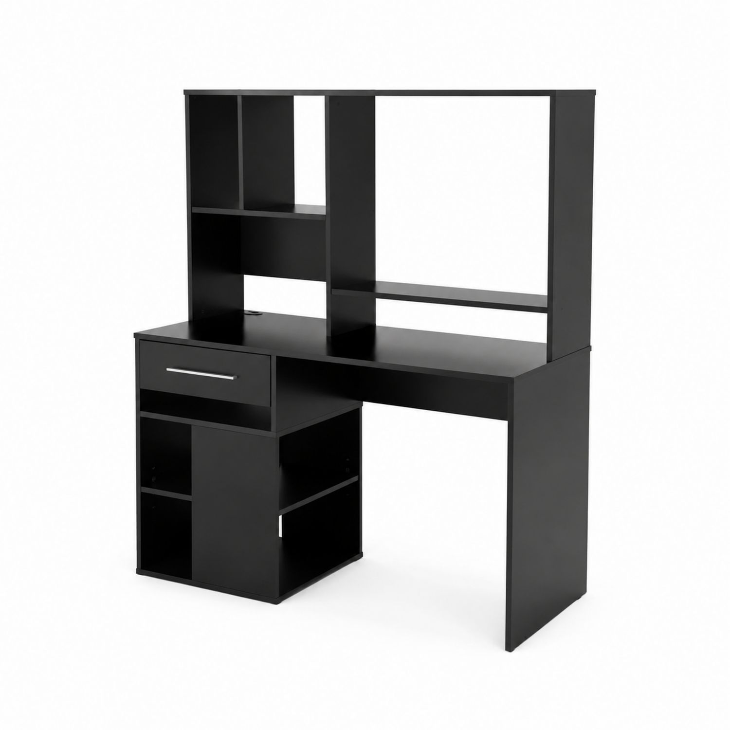 Scrivania Angolare in Legno con Ripiani e Cassetto in MDF Nero