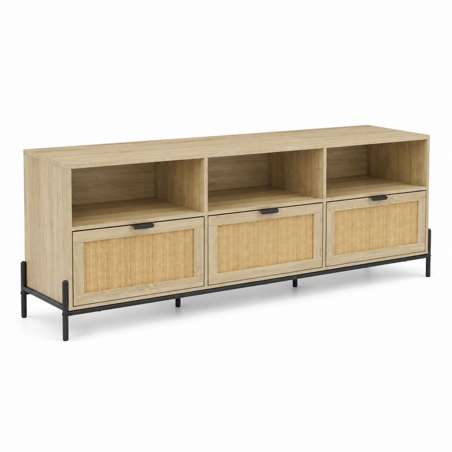 Mobile TV in legno con struttura in metallo nero e pannelli in rattan