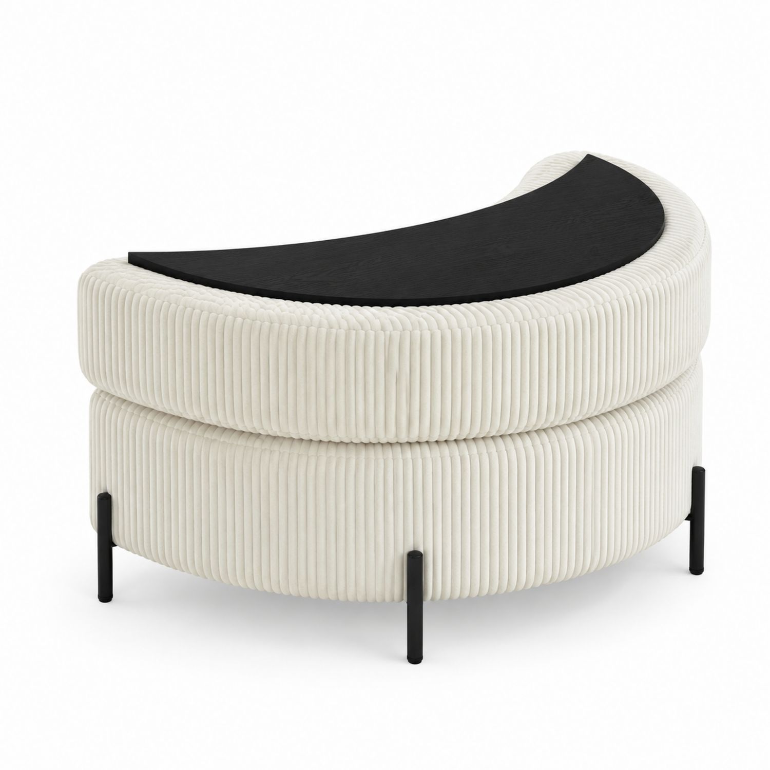 Pouf semicircolare in velluto avorio con piano in legno nero