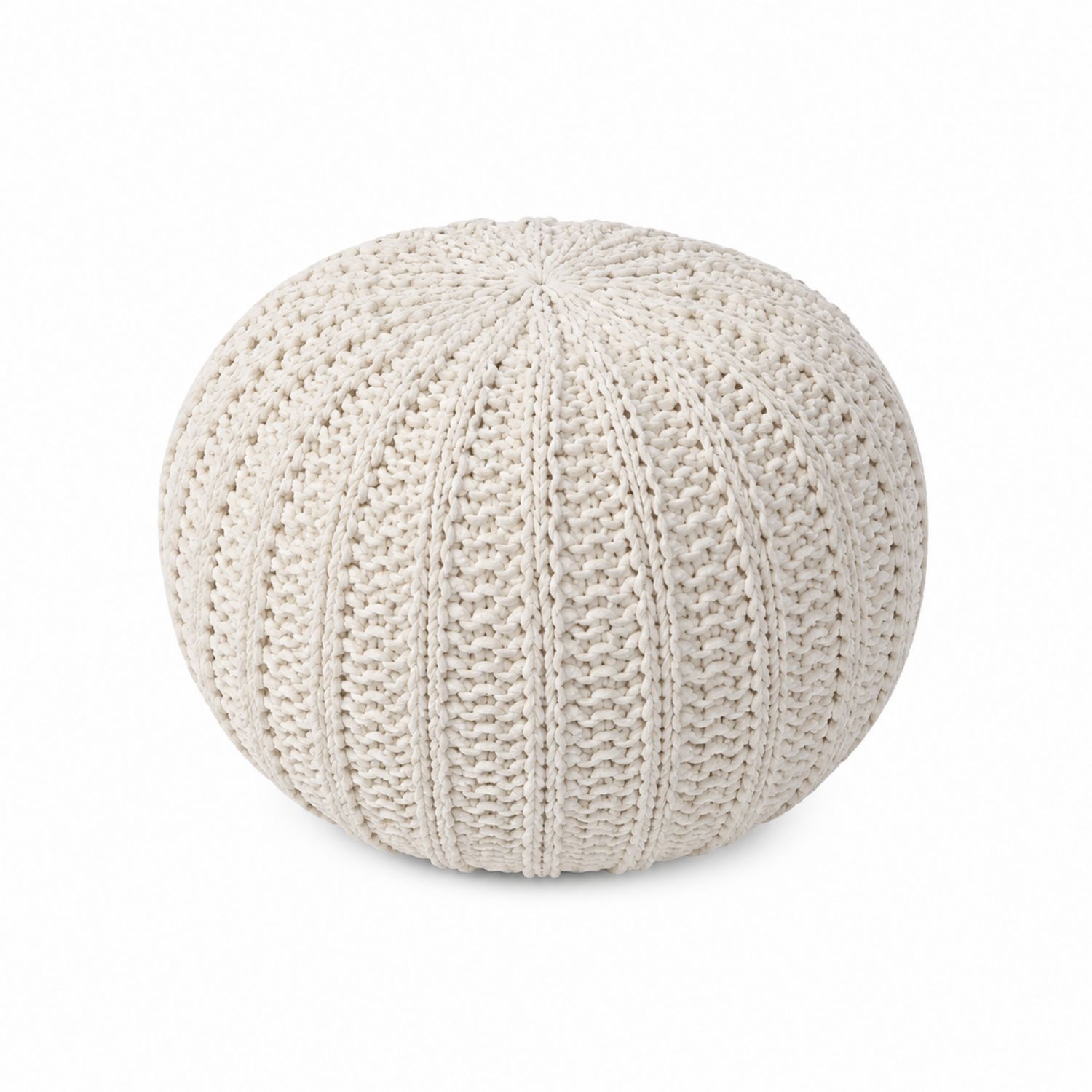 Pouf Rotondo in Maglia di Cotone Beige 50 cm