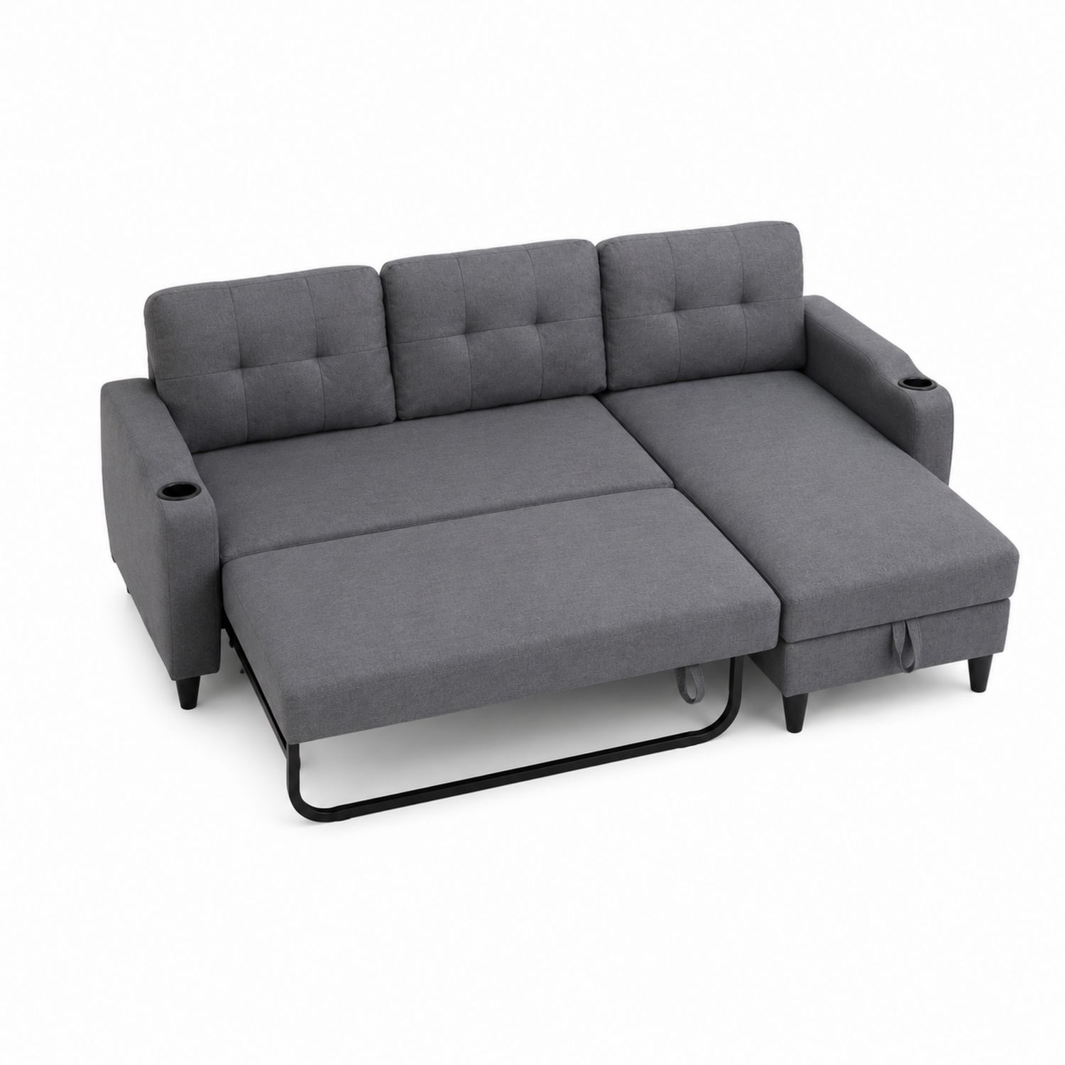 Divano letto angolare in tessuto poliestere grigio con porta bicchiere