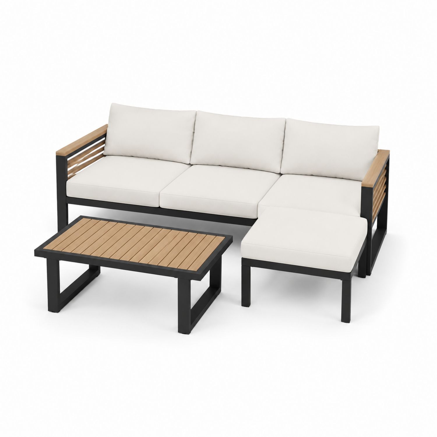 Set divano esterno 3 posti in alluminio e legno con tavolo