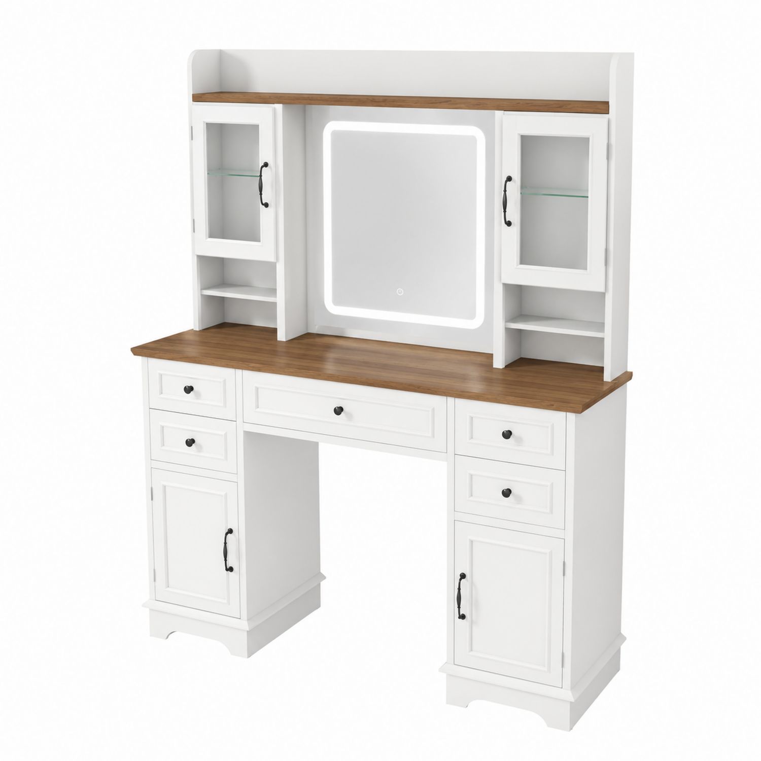 Toeletta con Specchio LED in Pino Bianco e Marrone
