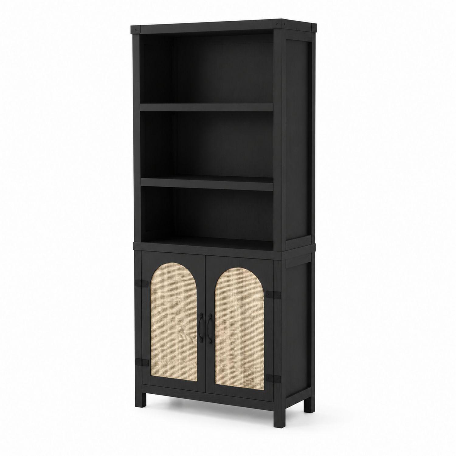 Libreria in Legno Nero con Ante in Rattan