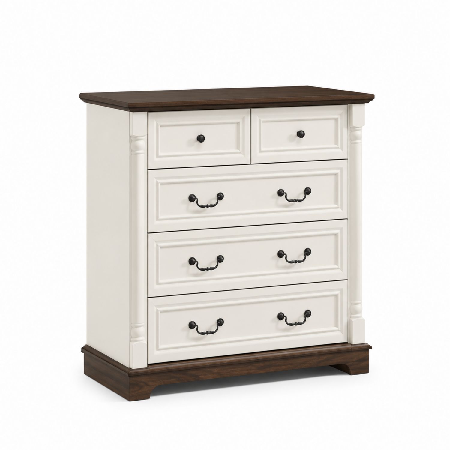Cassettiera in Legno e MDF Bianco e Marrone con 5 Cassetti