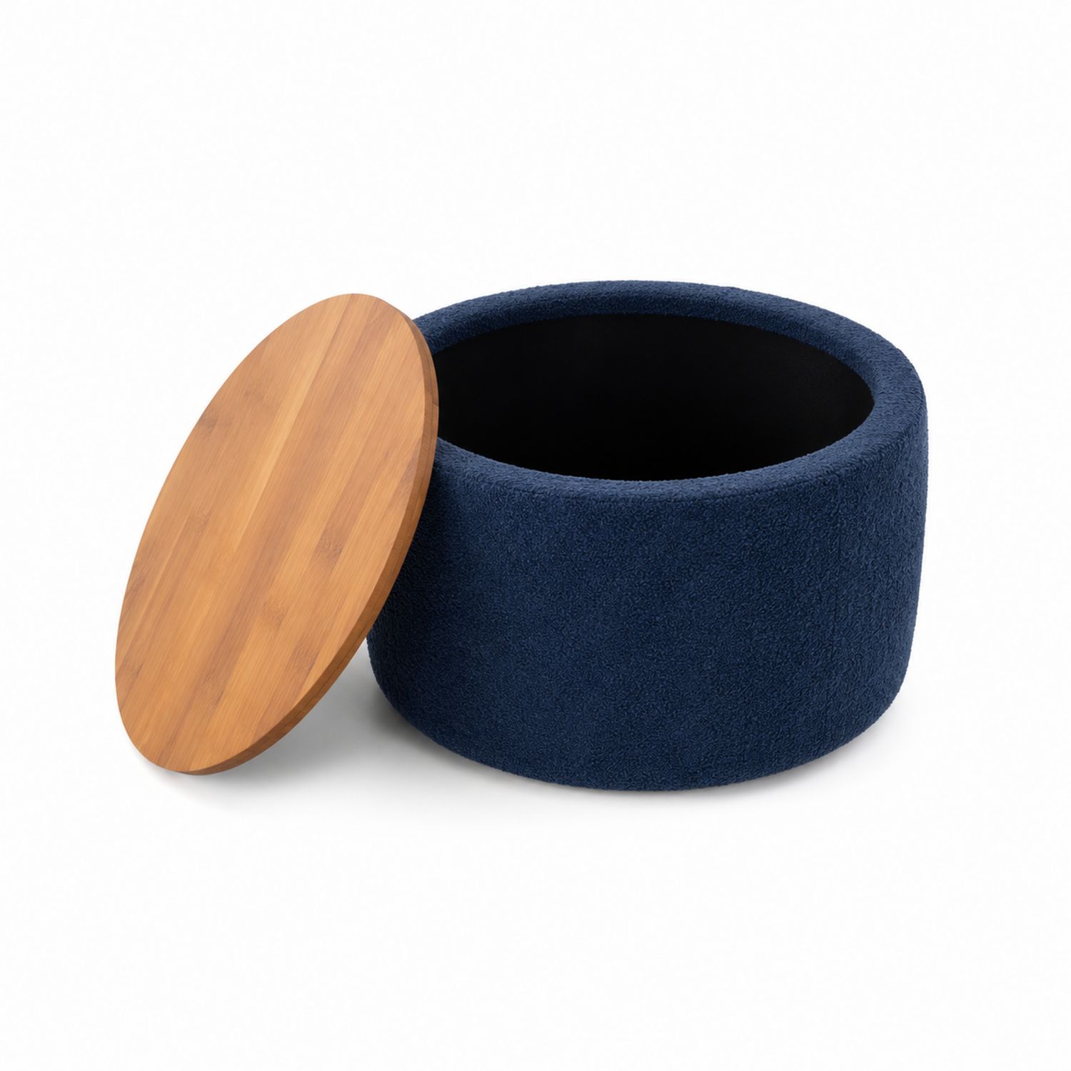 Pouf contenitore in tessuto blu con coperchio in bambù