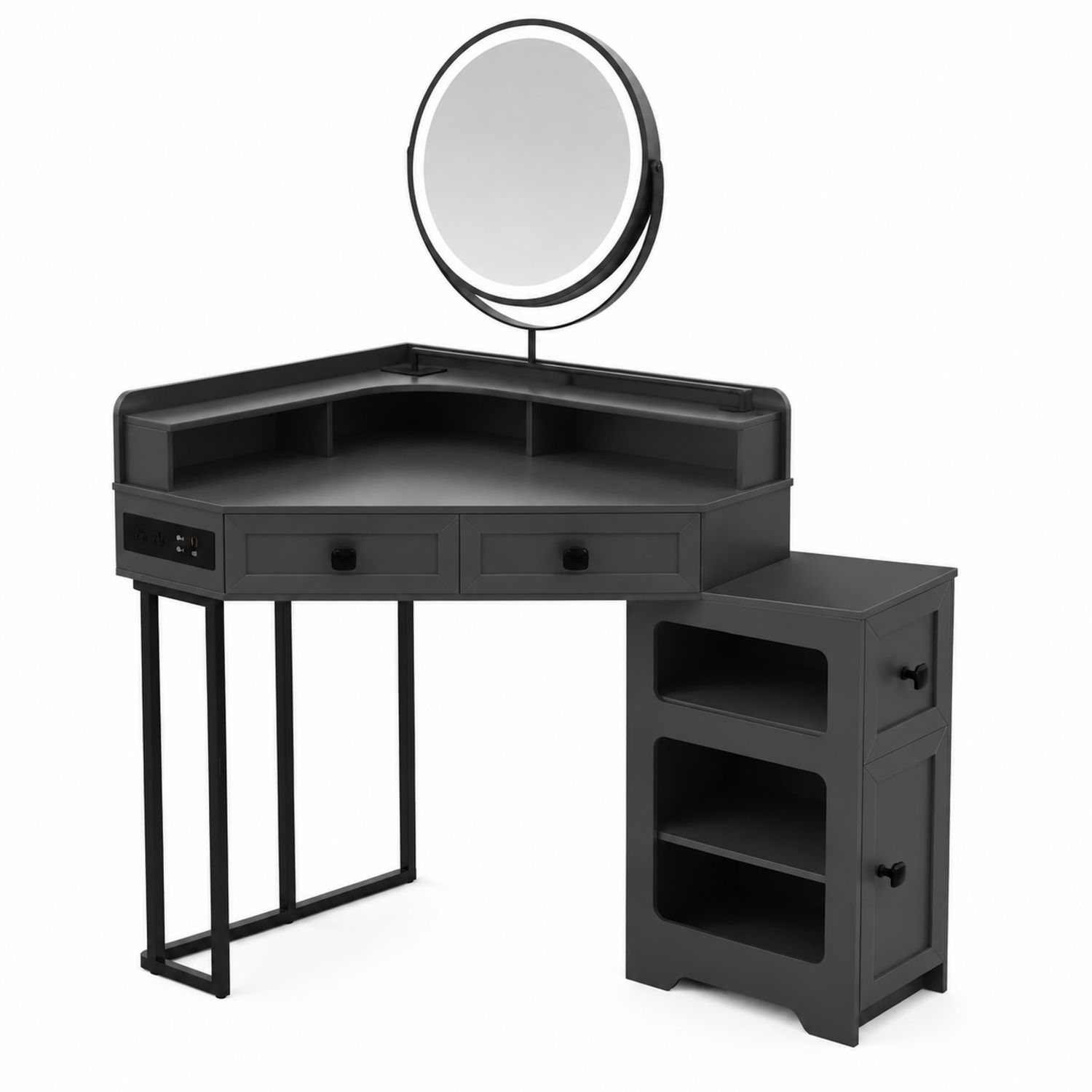 Tavolo Angolare da Trucco con Specchio LED e Sgabello, Legno e Metallo, Nero