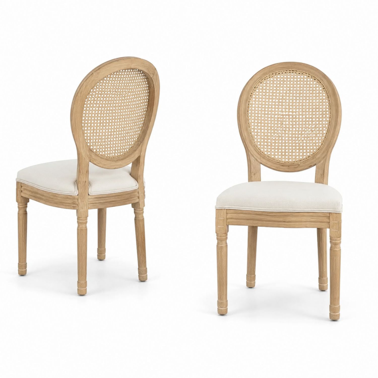 Set di 2 Sedie in Legno di Quercia e Rattan con Seduta Bianca