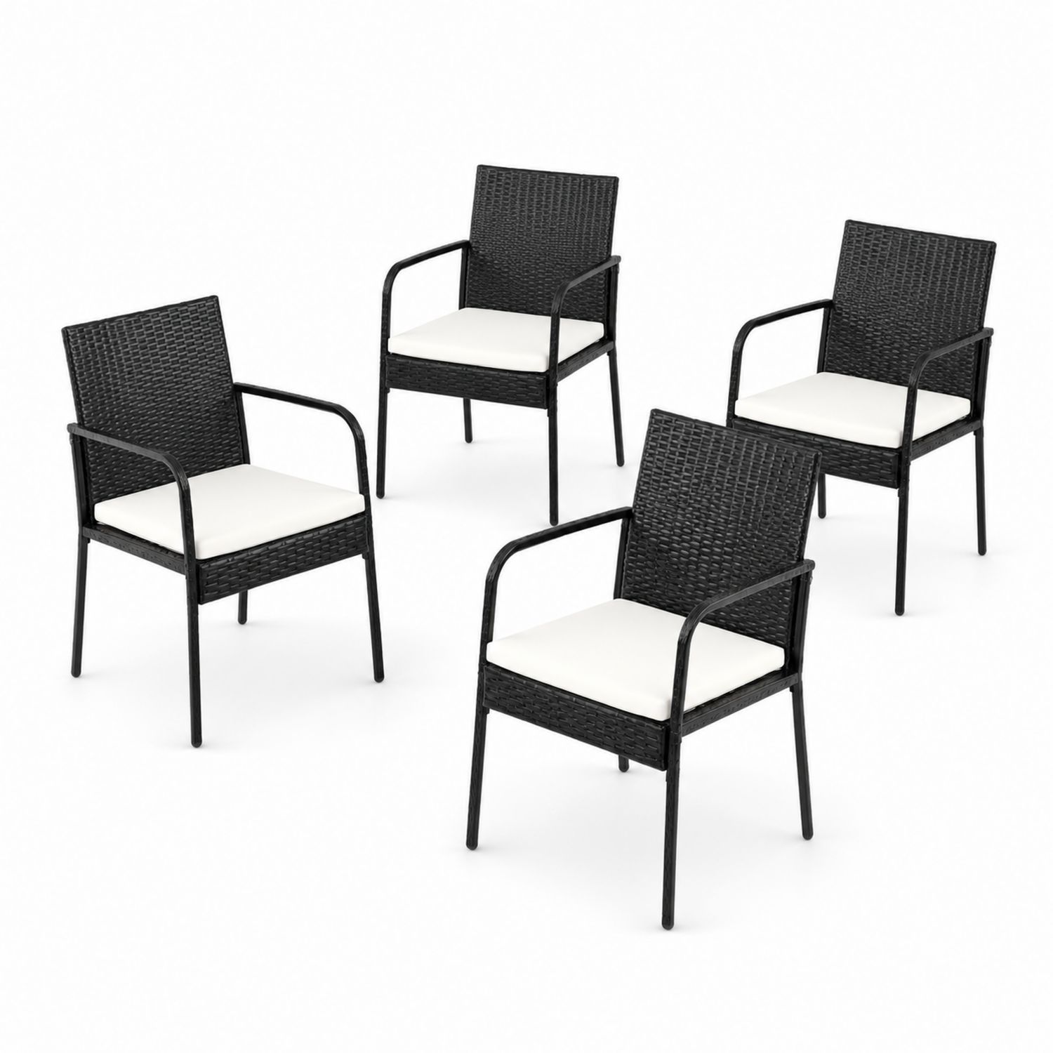 Set di 4 Sedie da Esterno in Rattan Sintetico con Cuscini Bianchi