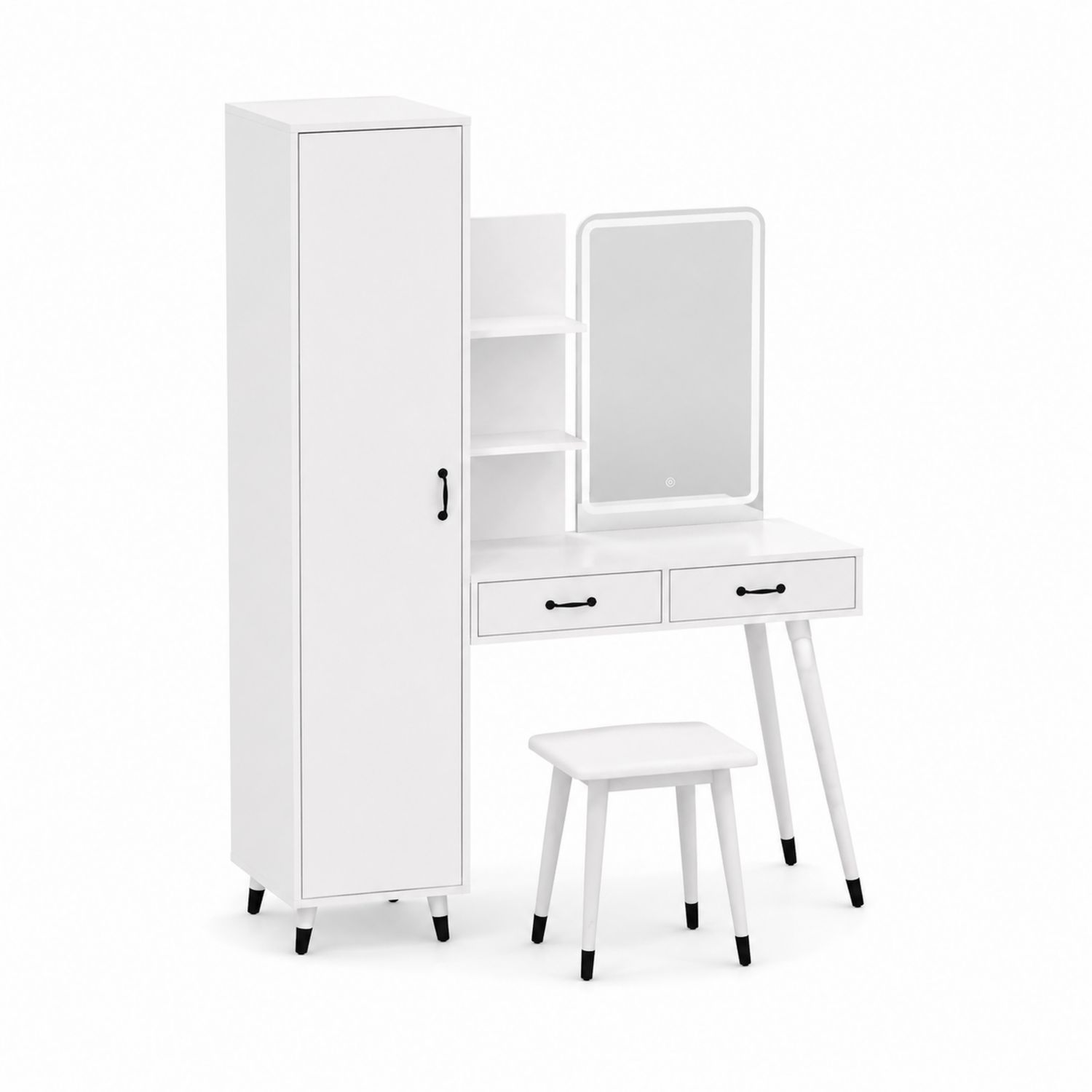 Toeletta in Legno con Specchio LED e Sgabello, Bianco