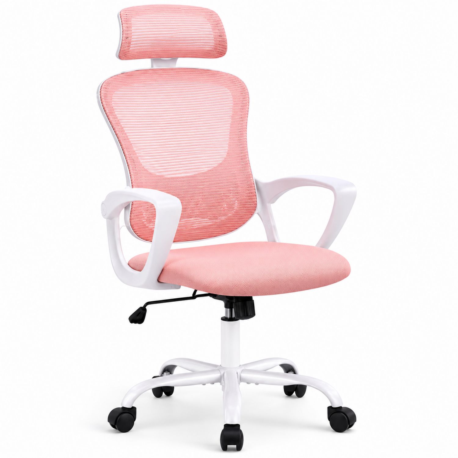 Sedia da ufficio ergonomica in poliestere rosa con braccioli fissi
