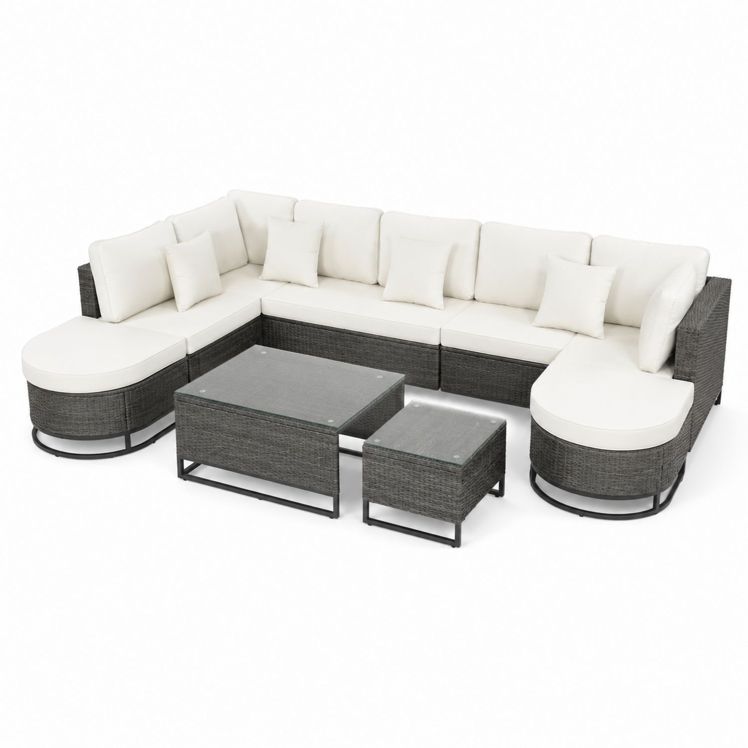 Set Divano Angolare da Esterno in Rattan e Vetro con Cuscini Bianchi
