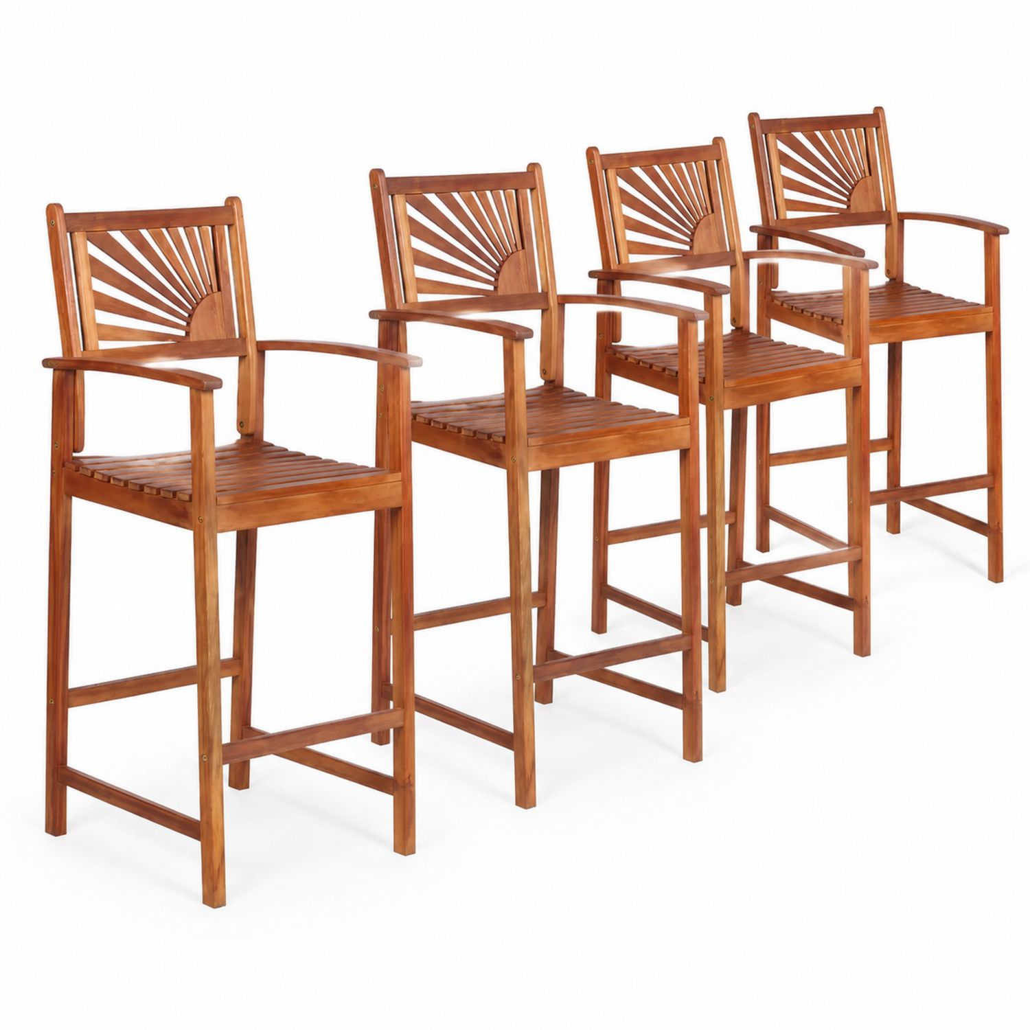 Set di 4 Sedie da Bar in Legno di Acacia con Schienale Decorato