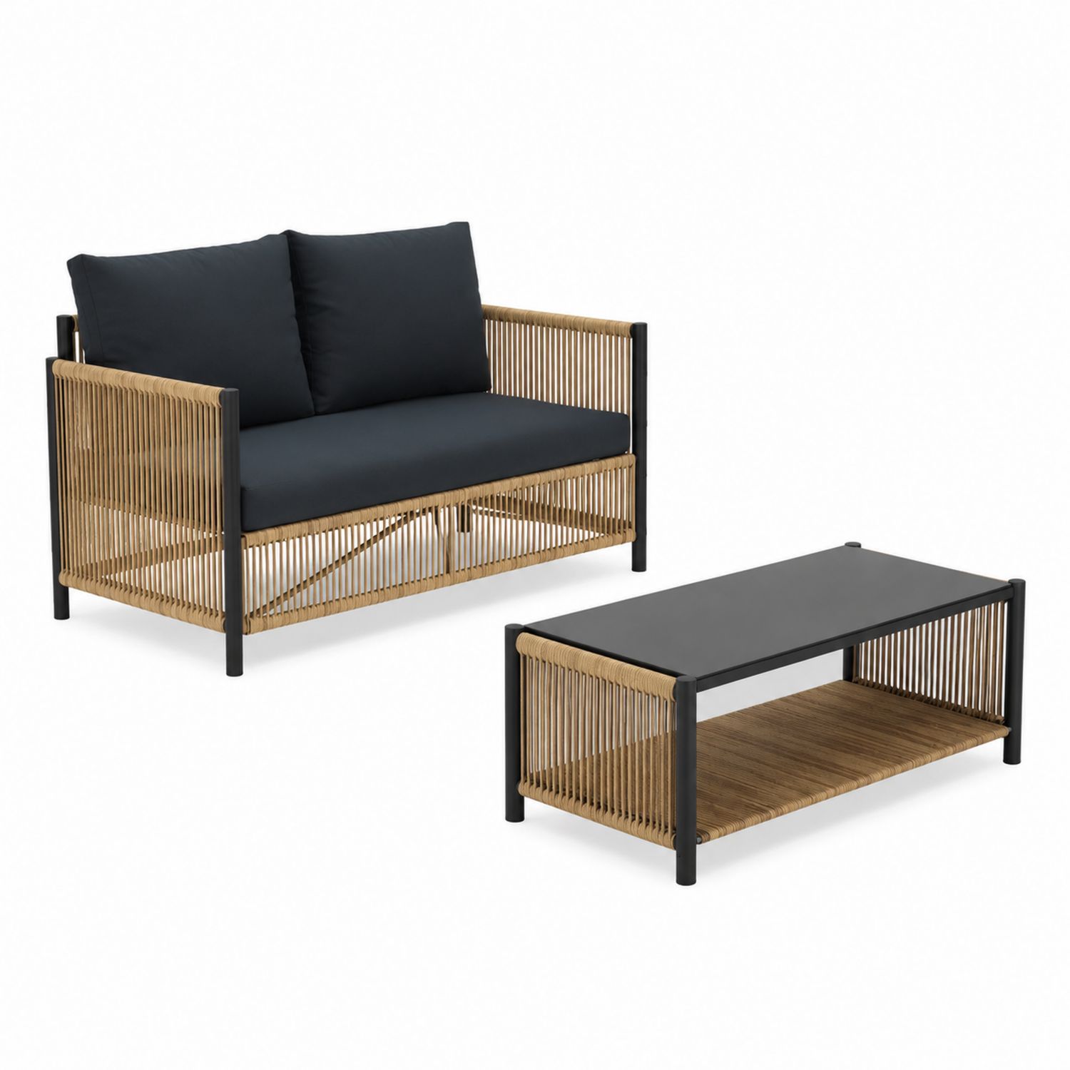 Set Divano da Esterno in Rattan e Metallo Nero con Tavolo Rettangolare