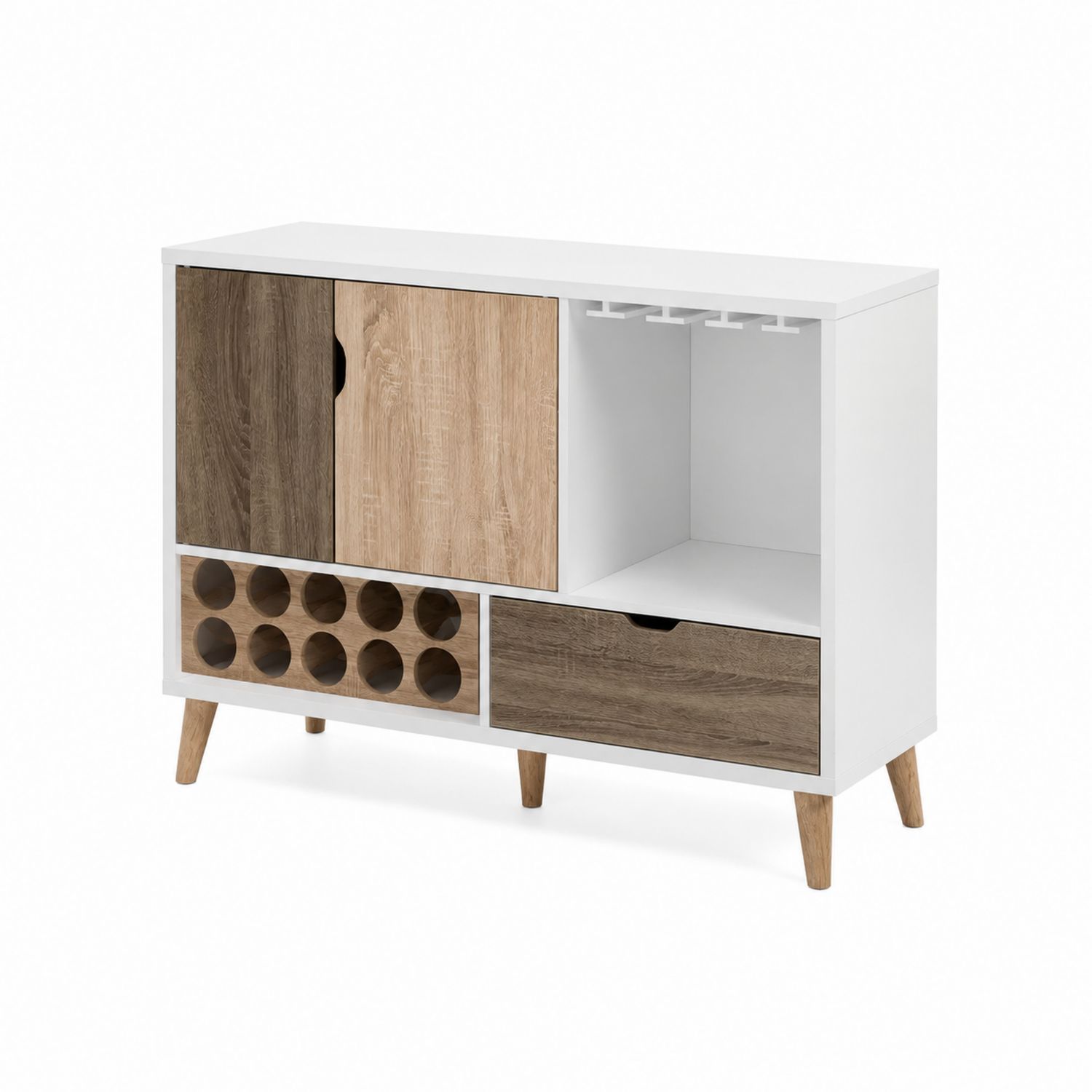Credenza in Legno con Portabottiglie e Cassetti, 120x40x80 cm, Bianco/Naturale