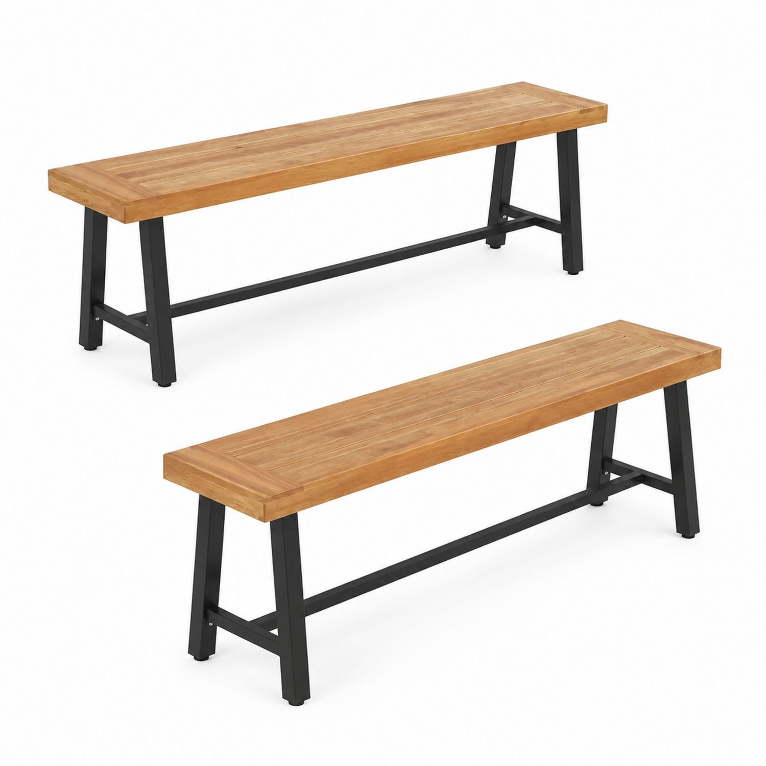 Set di 2 panchine in legno di teak e acciaio