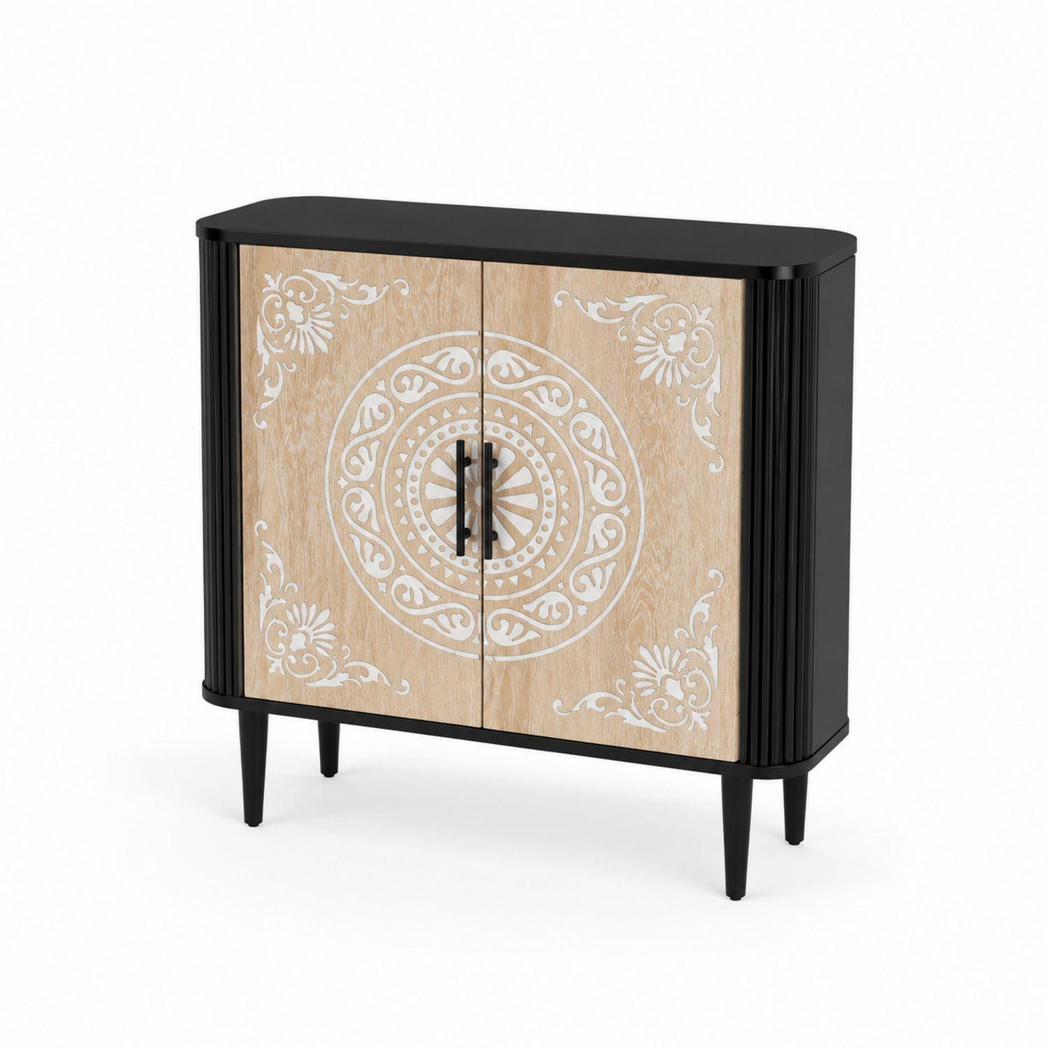 Credenza in Legno Massello Intagliato Nero e Naturale, 2 Ante
