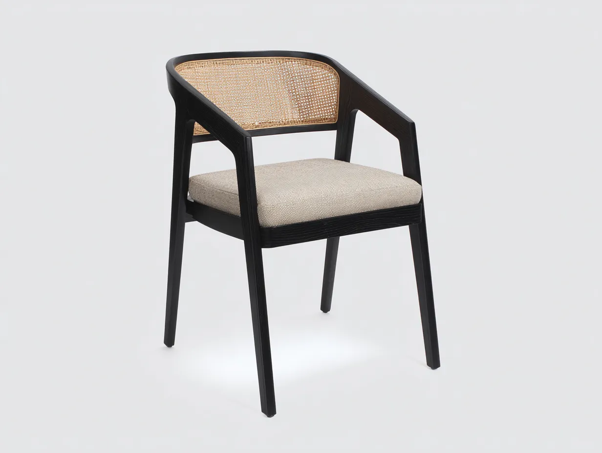 Stuhl Rattan Stoff Holz 57x56x79 cm - beige und schwarz und natur - Geflechtlehne für Esszimmer