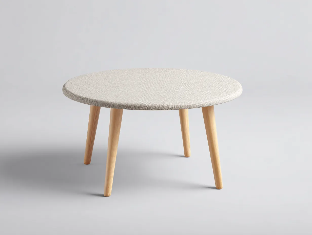 Beistelltisch rund Stoffoberfläche 116x116x34 cm - hellbeige und naturholz - schlanke Beine für Wohnzimmer