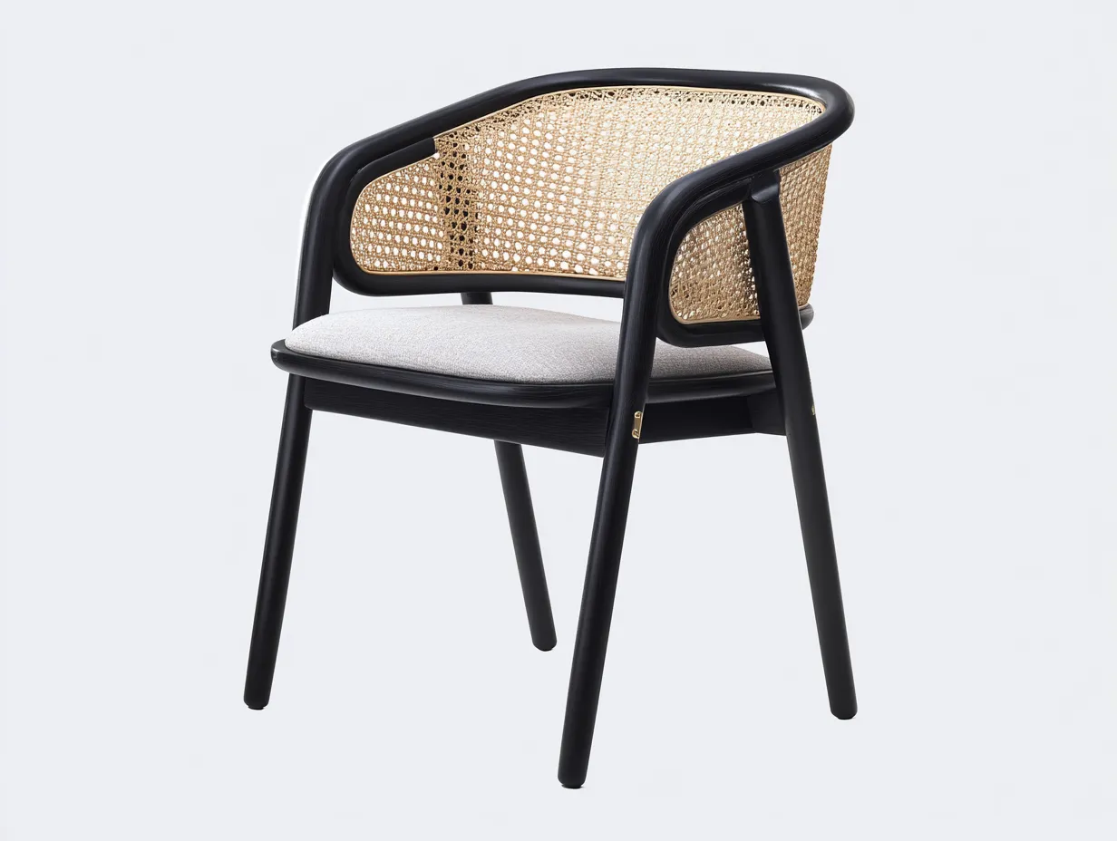 Stuhl Rattan Stoff Holz 60x58x80 cm - beige und schwarz und natur - gebogener Rahmen für Esszimmer