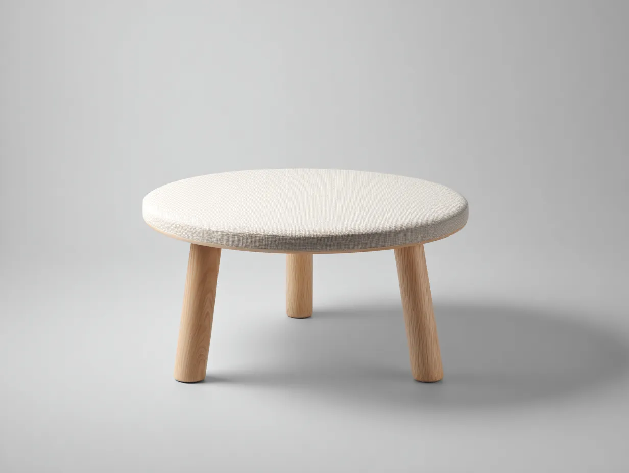 Beistelltisch rund Stoffplatte 108x108x32 cm - creme und naturholz - weiche Kante für Wohnzimmer
