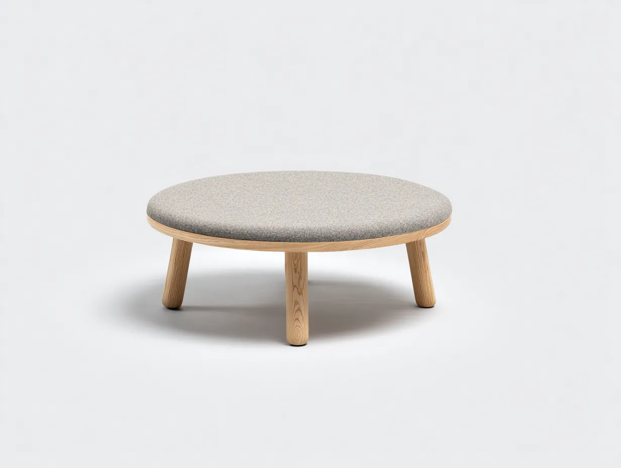 Beistelltisch rund Stoffauflage 105x105x31 cm - hellgrau und naturholz - niedrige Form für Wohnzimmer