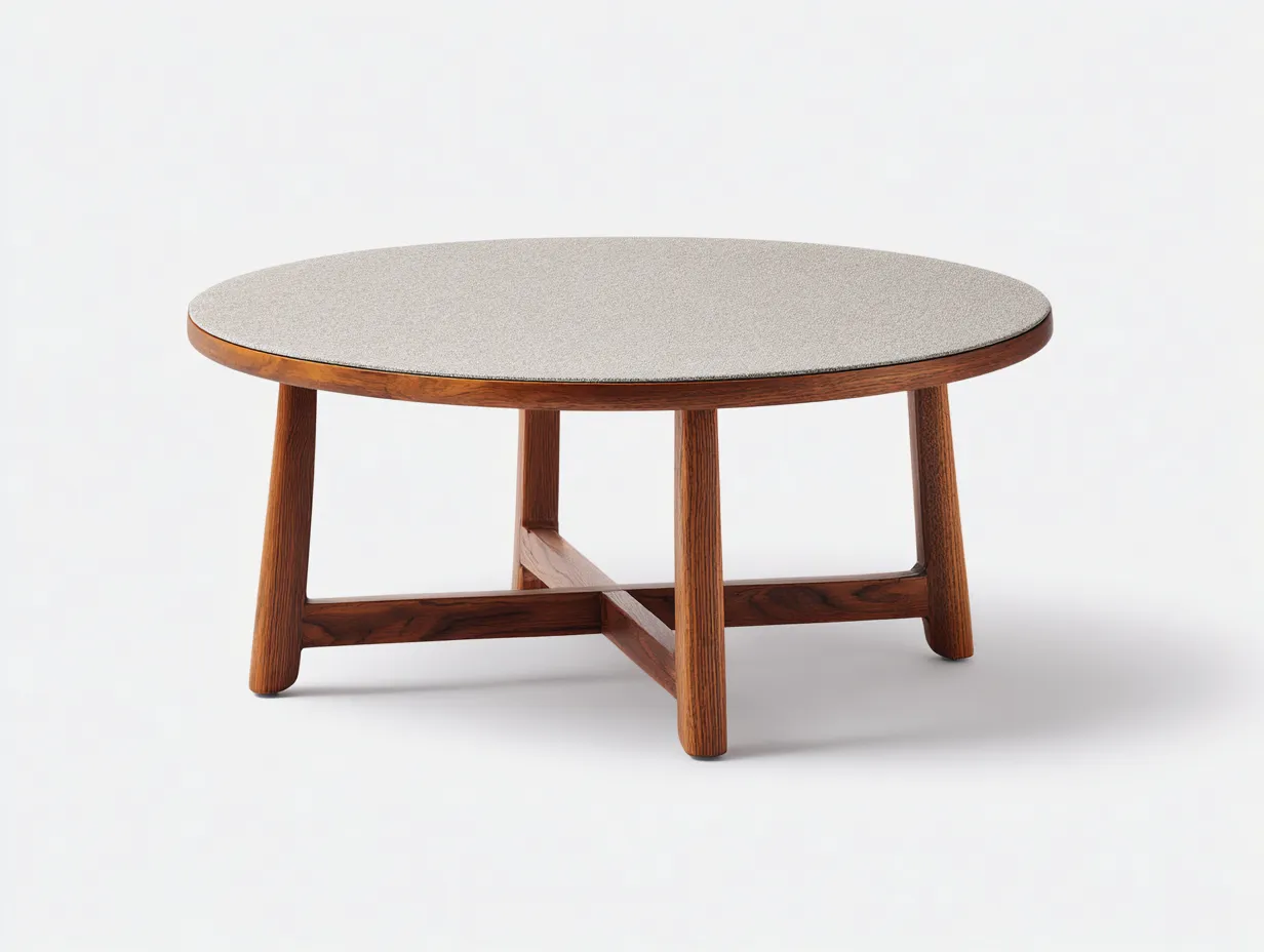 Beistelltisch rund Stoffplatte 118x118x33 cm - grau und walnuss - Kreuzgestell für Wohnzimmer