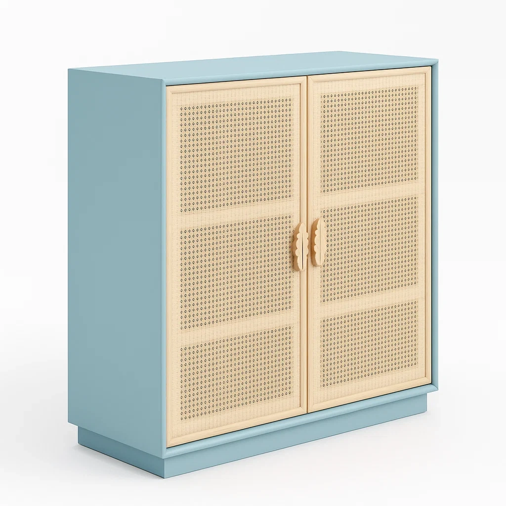 Schrank mit MDF-Korpus und Holzgeflecht-Türen 80cmx40cmx100cm Blau/Natur-Nestalorae