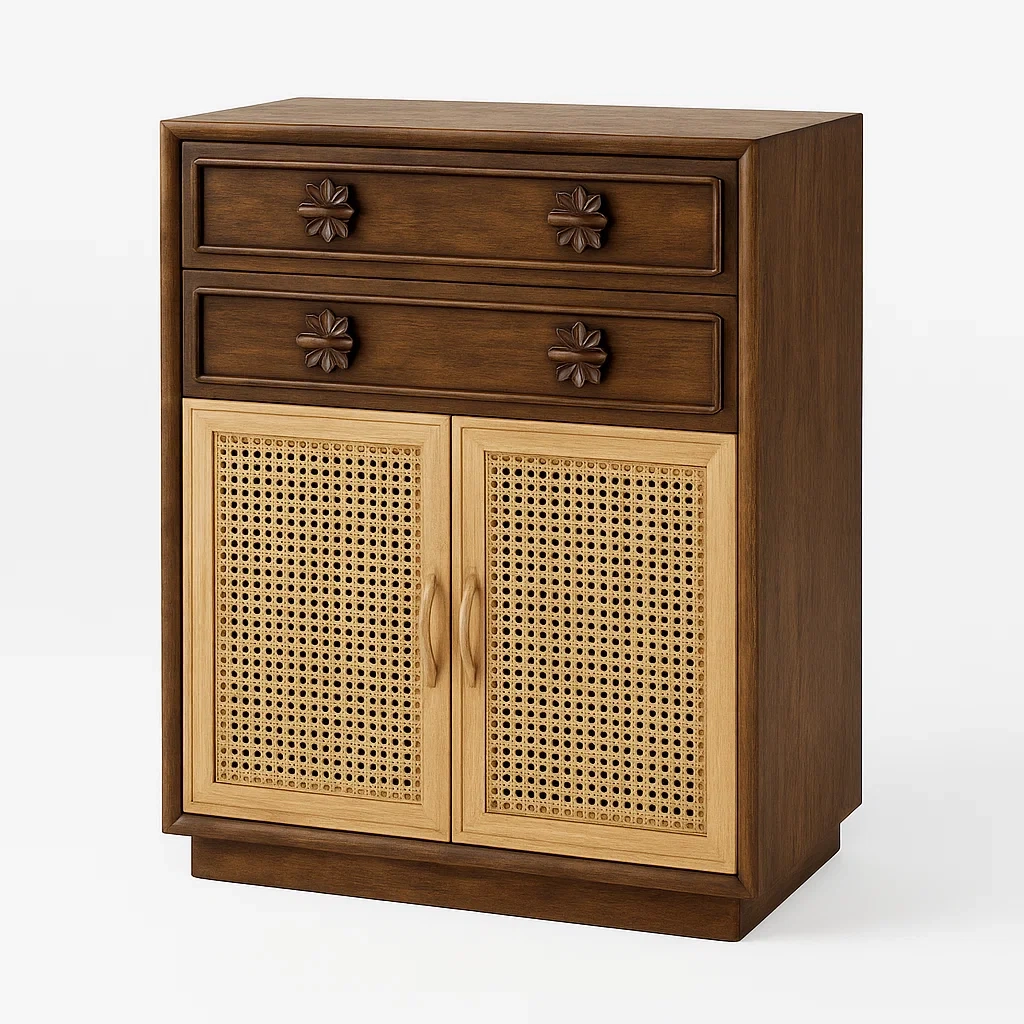 Holz Kommode mit Rattan-Türen und Schubladen Dunkelbraun und Hellbraun-Nestalorae