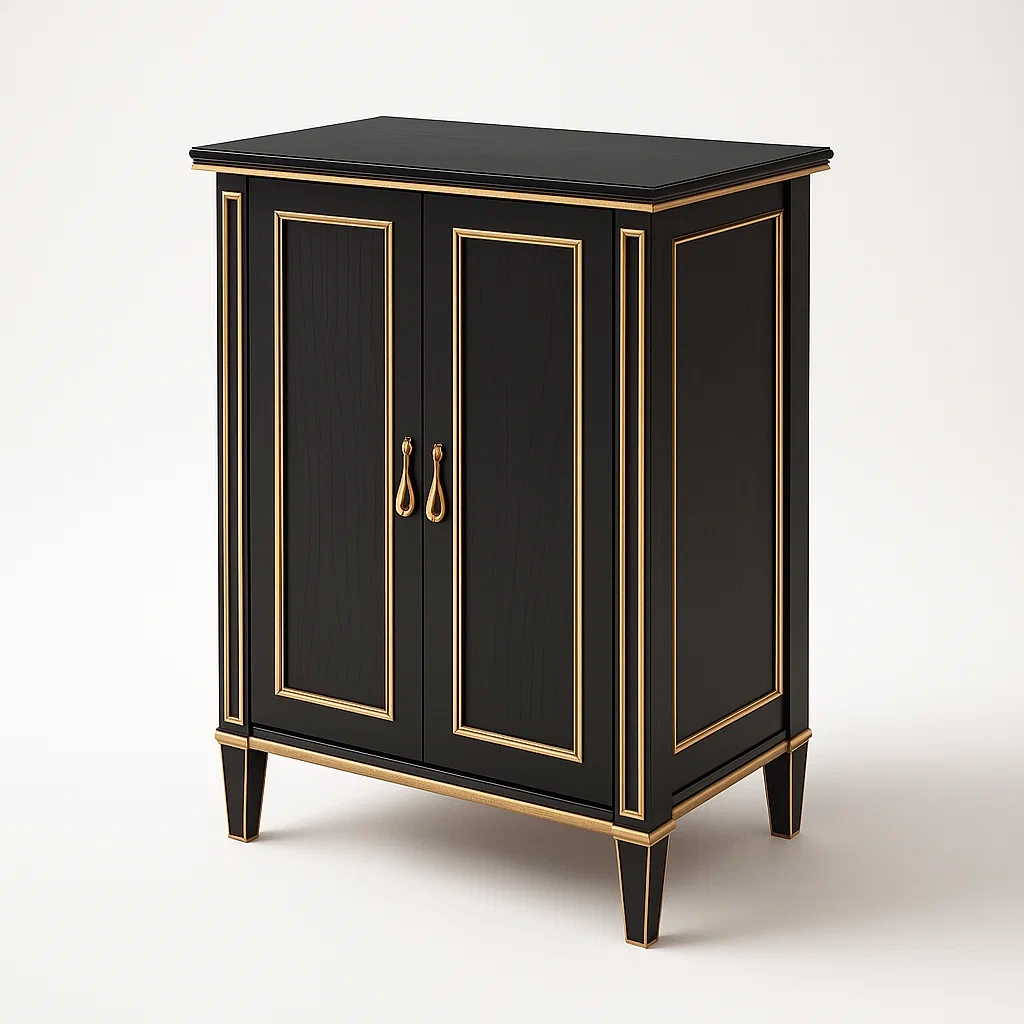Schwarzer Holzschrank mit goldenen Akzenten und zwei Türen, 80cm hoch-Nestalorae