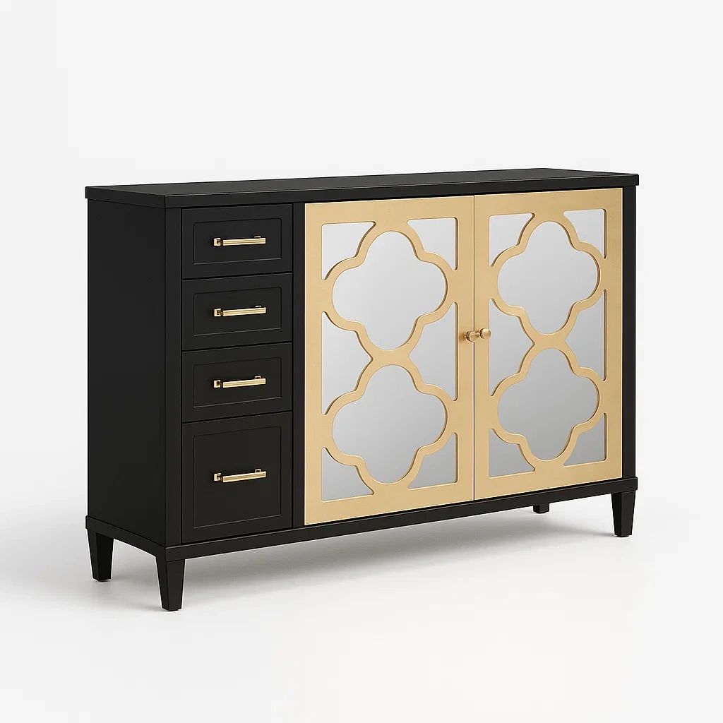 Kommode aus MDF mit gehärtetem Glas in Schwarz/Gold 120x40x85cm-Nestalorae