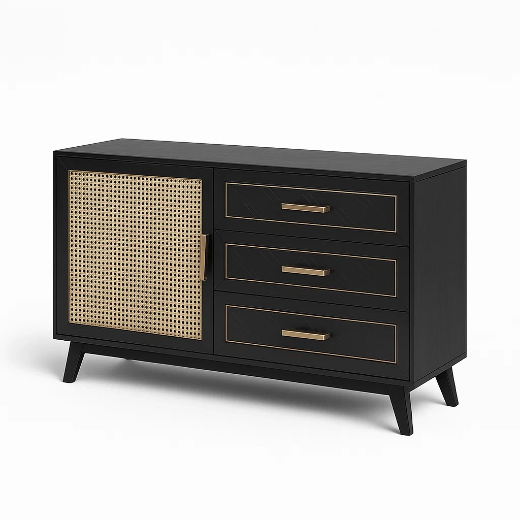 Schwarze Holzkommode mit Rattantür und Schubladen 120cm-Nestalorae