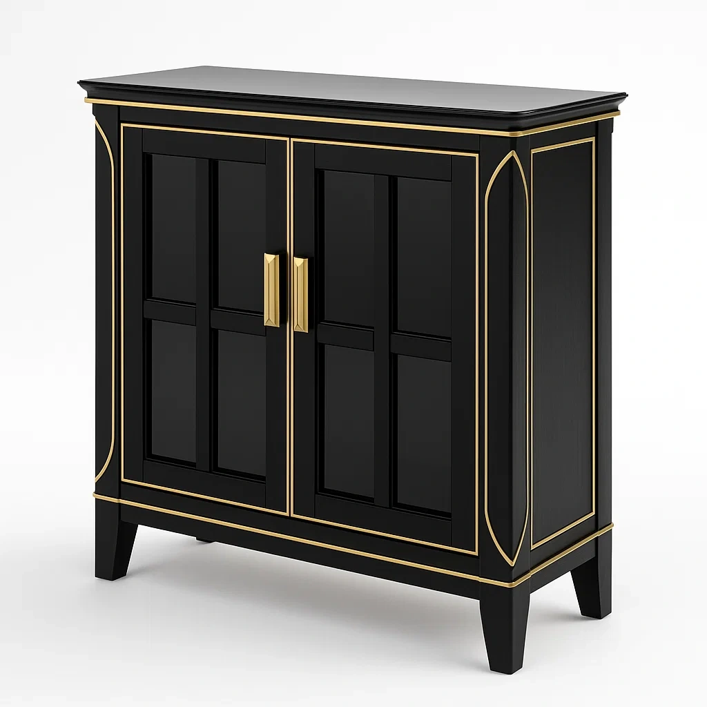 Schwarzer Holzschrank mit goldenen Details-Nestalorae
