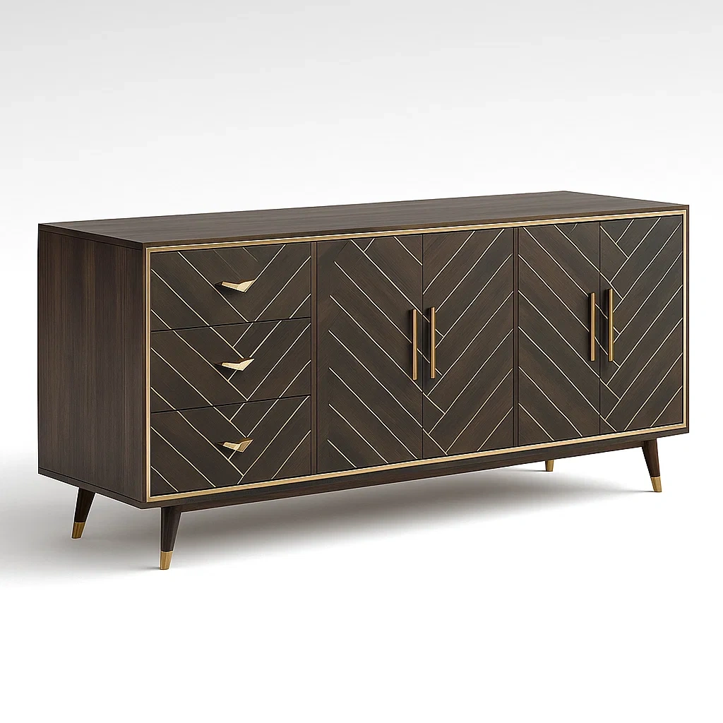 Sideboard Holzfurnier mit zwei Türen und drei Schubladen Dunkelbraun/Gold 150x40x80 cm-Nestalorae