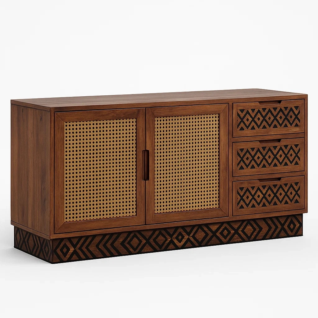 Holz-Sideboard mit Rattan-Türen und Schubladen, Braun-Nestalorae