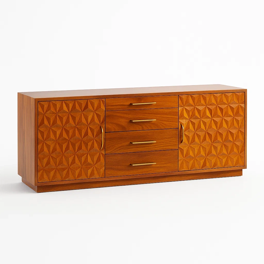 Sideboard aus Teakholz mit geometrischem Muster und Schubladen, Braun-Nestalorae