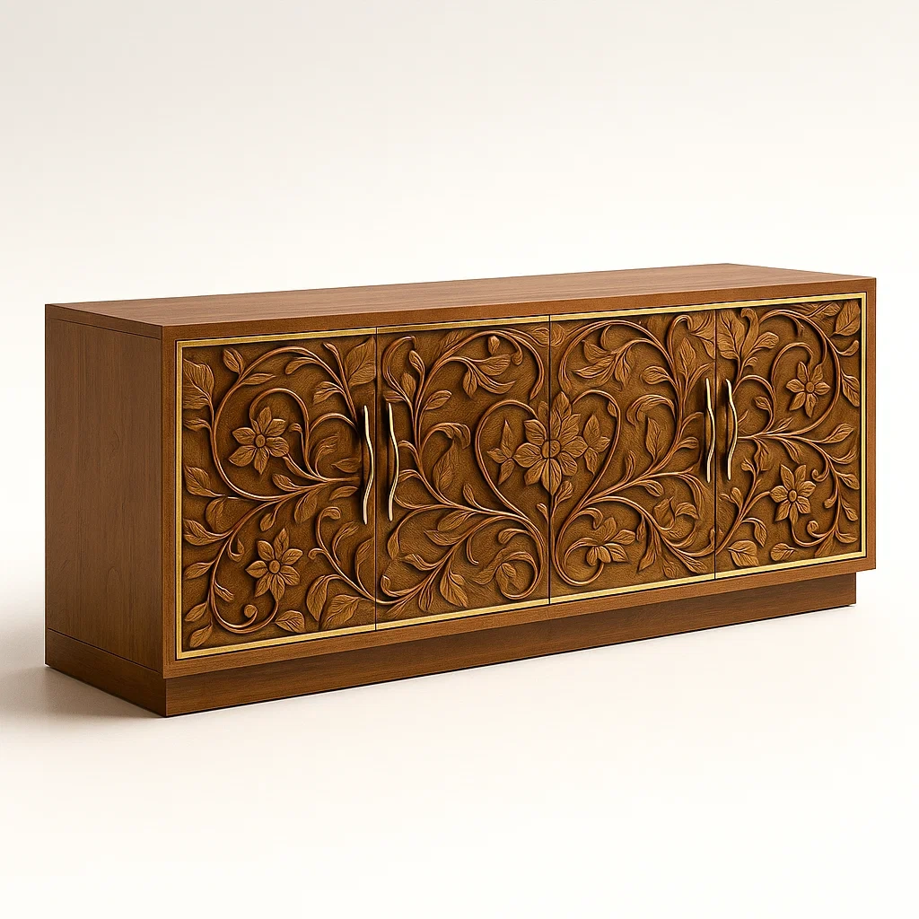 Holzkommode mit geschnitztem Blumenmuster, Braun-Nestalorae