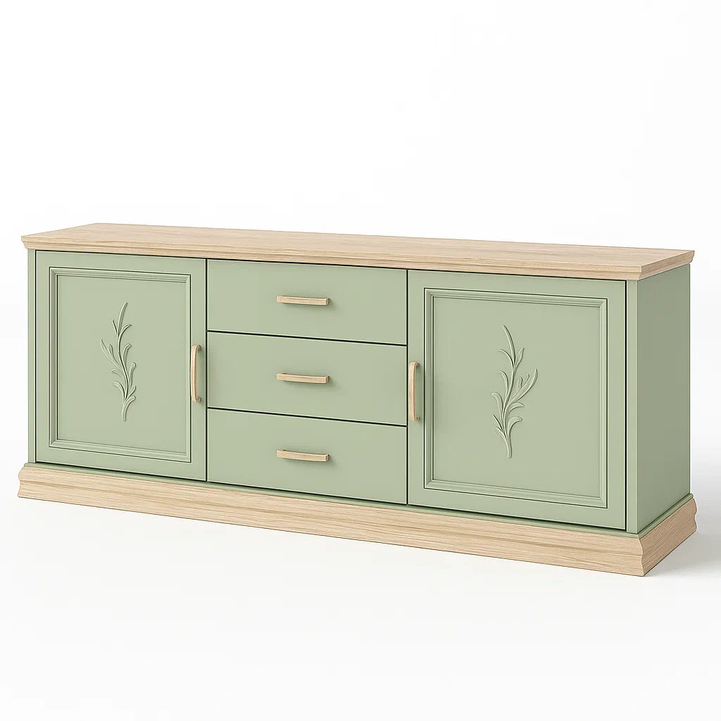 MDF Sideboard mit Holzoptik und grünen Elementen 150x40x60cm-Nestalorae