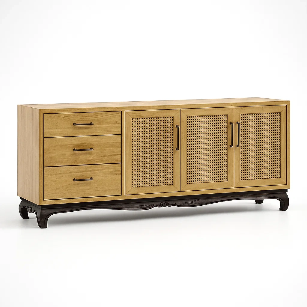 Sideboard Eiche Rattan 3 Schubladen 4 Türen Naturfarbe-Nestalorae