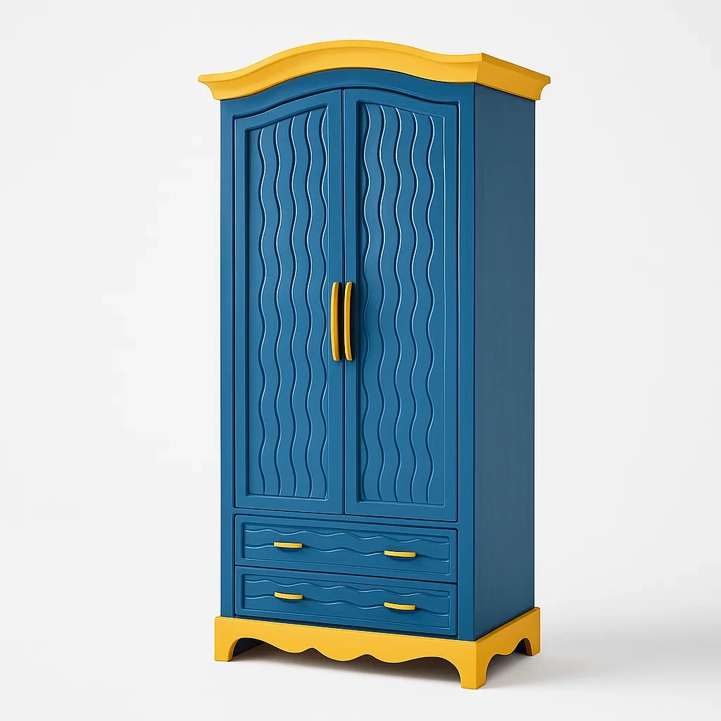 Holzkleiderschrank mit Wellenmuster Blau/Gelb-Nestalorae