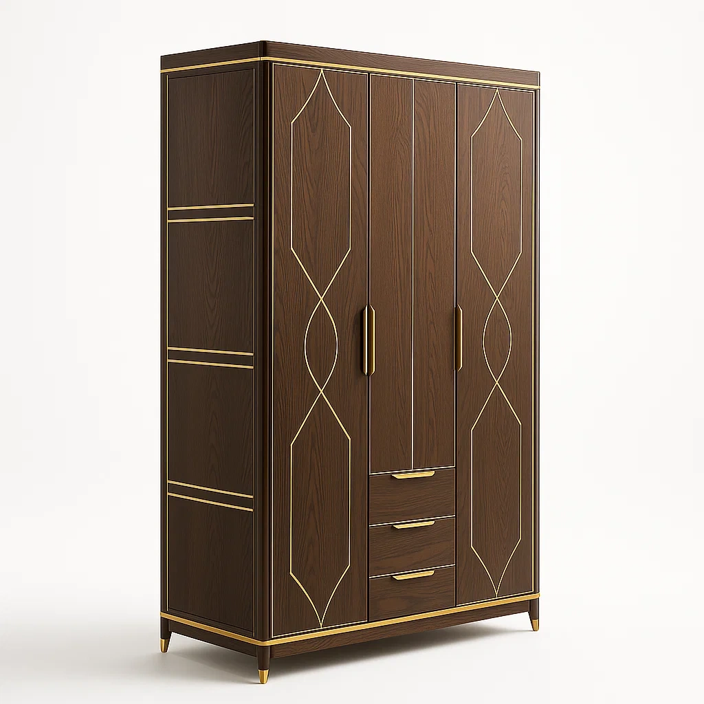 Eichenholz Kleiderschrank mit Goldverzierungen Braun/Gold-Nestalorae