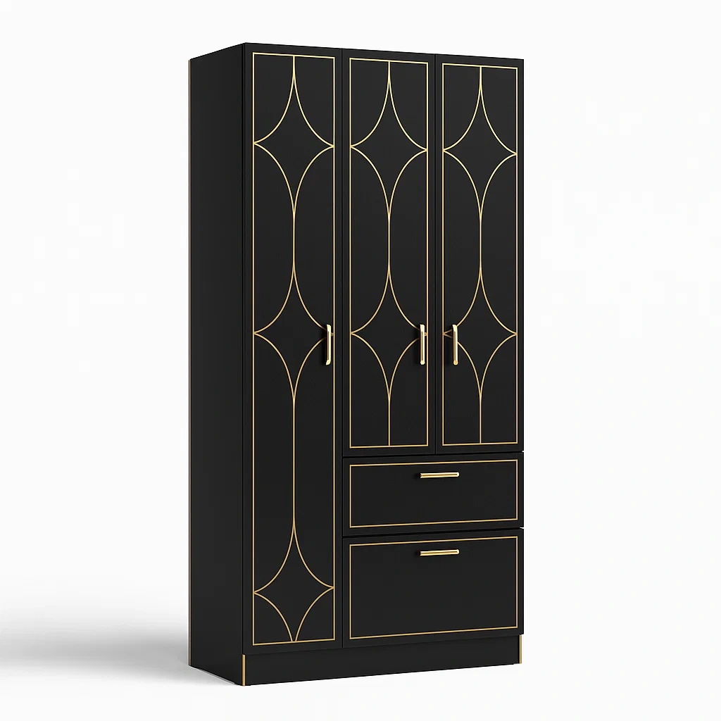 Schrank 3-türig MDF Schwarz mit Golddekor-Nestalorae