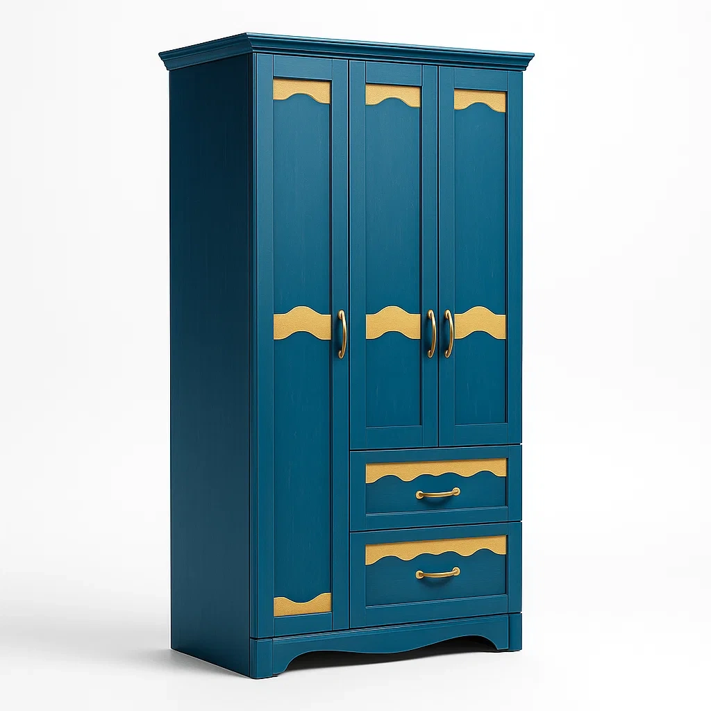 Holz-Kleiderschrank mit 3 Türen Blau Gelb 180cm-Nestalorae